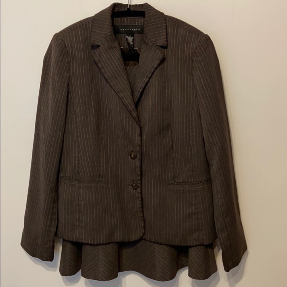 Brown Stripe Skirt and Blazer Suit Set